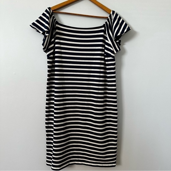 Size Large RALPH LAUREN NAVY BLUE STRIPED OFF-SHOULDER DRESS Summer Coastal - Picture 6 of 9